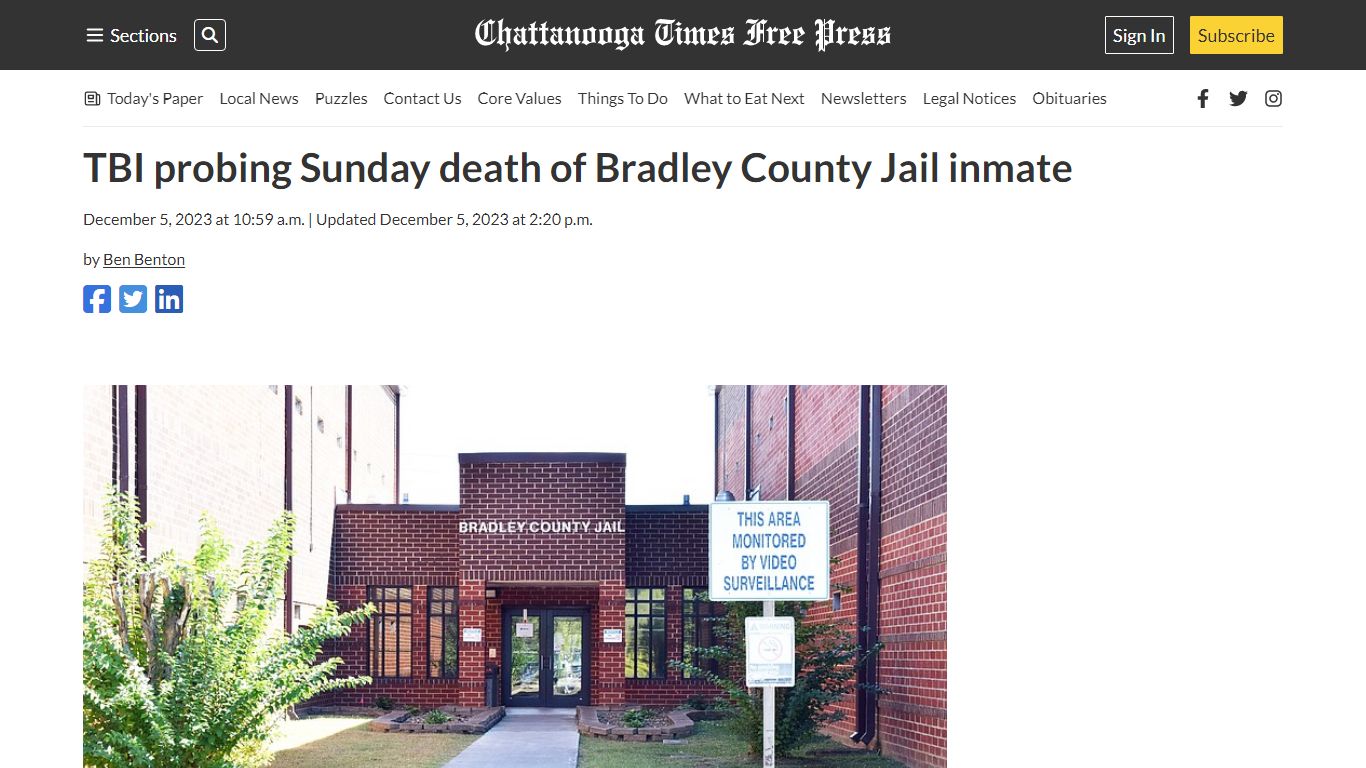 TBI probing Sunday death of Bradley County Jail inmate